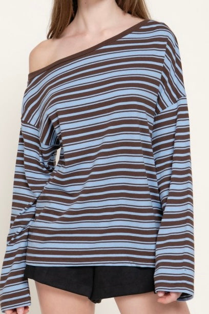SYDNEY LONG SLV ASYMMETRIC STRIPE TOP