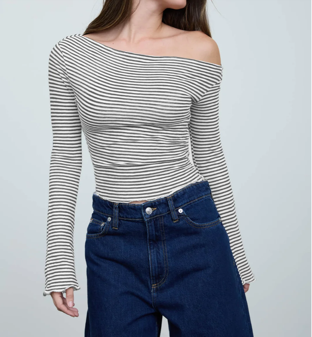 STRIPE ASYMMETRICAL NECK LONG SLEEVE KNIT TOP