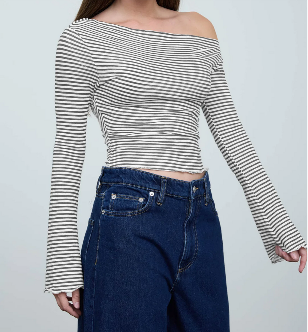 STRIPE ASYMMETRICAL NECK LONG SLEEVE KNIT TOP