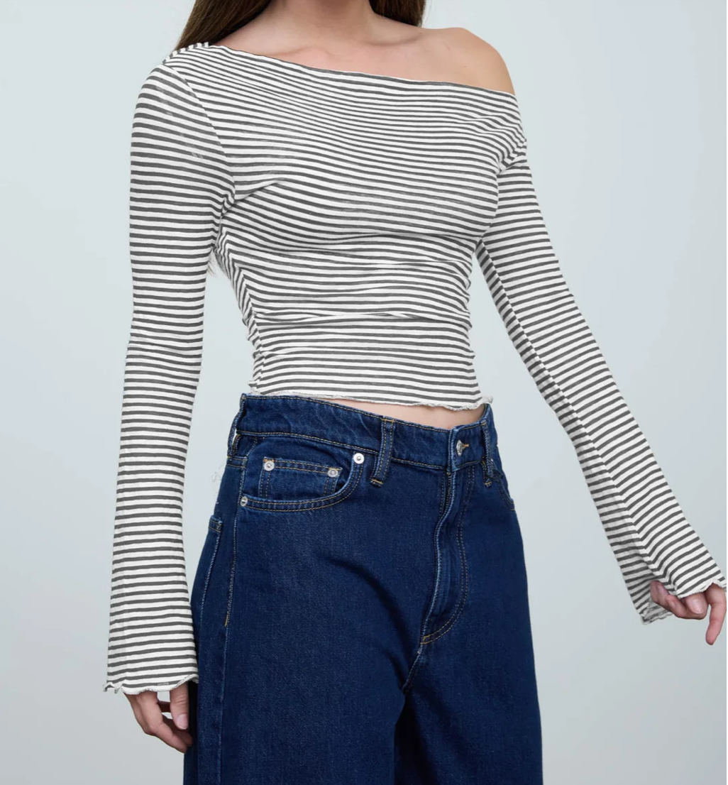 STRIPE ASYMMETRICAL NECK LONG SLEEVE KNIT TOP
