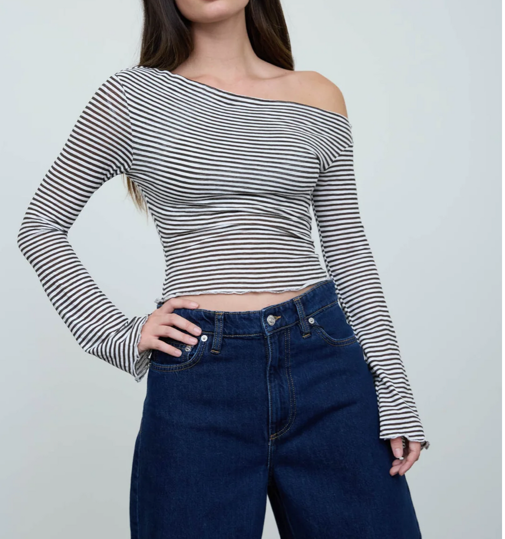 STRIPE ASYMMETRICAL NECK LONG SLEEVE KNIT TOP