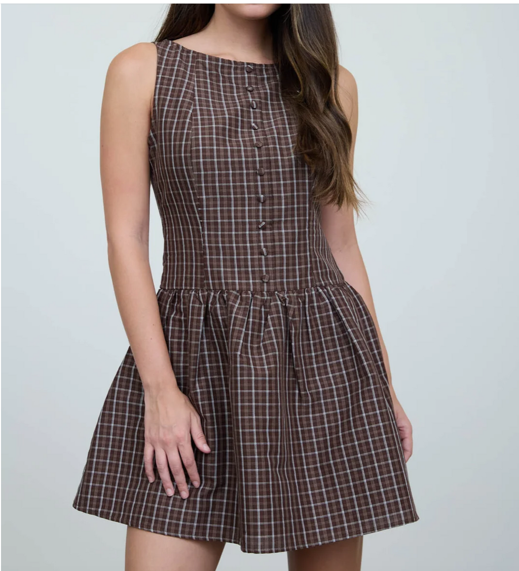 PLAID BUTTON FRONT BOAT NECK SLEEVELESS MINI DRESS