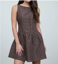 PLAID BUTTON FRONT BOAT NECK SLEEVELESS MINI DRESS