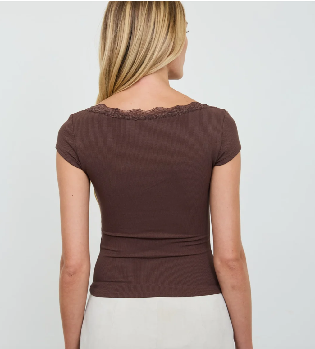 LACE TRIM HENLEY SHORT SLEEVE KNIT TOP