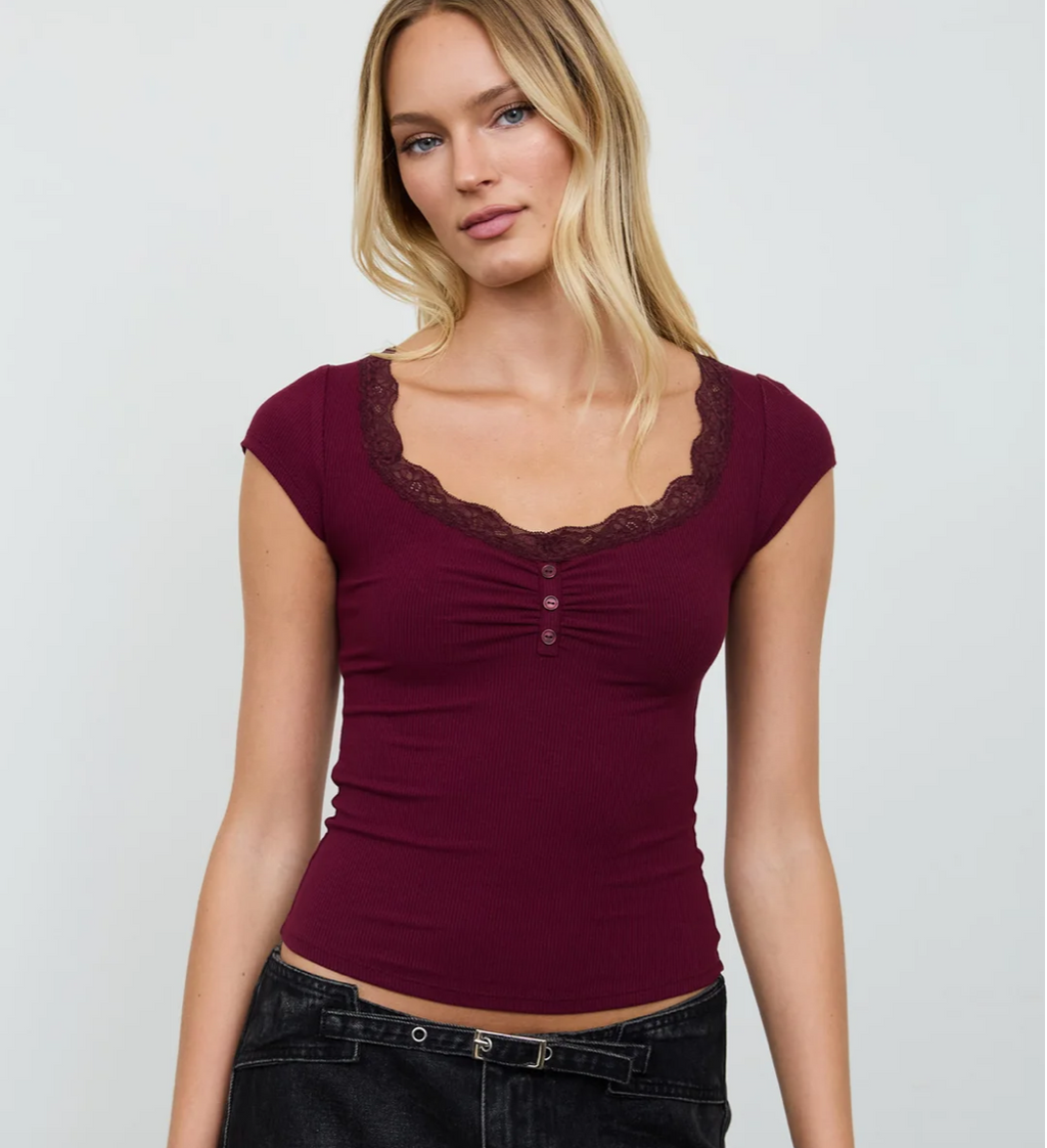 LACE TRIM HENLEY SHORT SLEEVE KNIT TOP